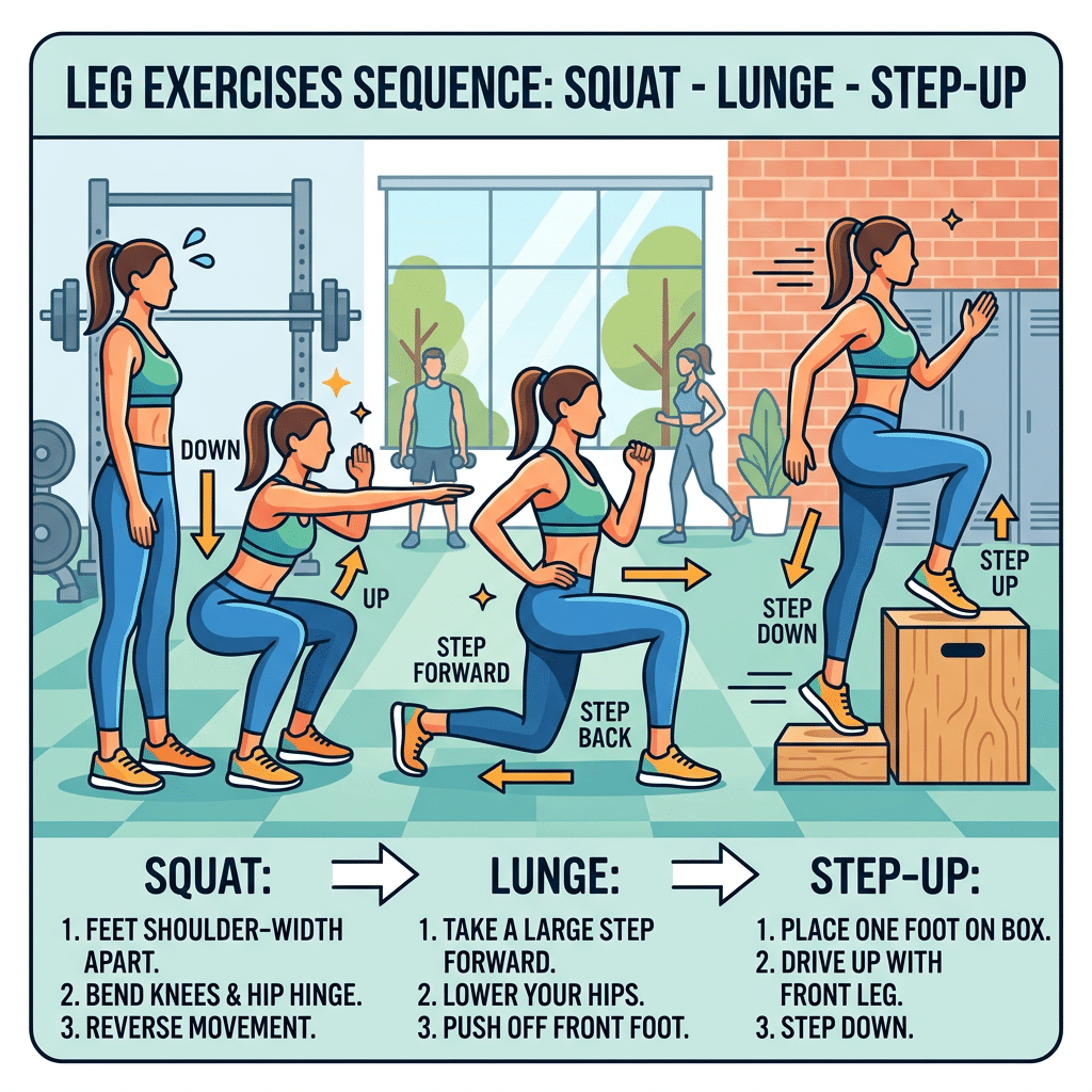 Sequence of leg exercises showing squat, lunge, and step-up with instructions