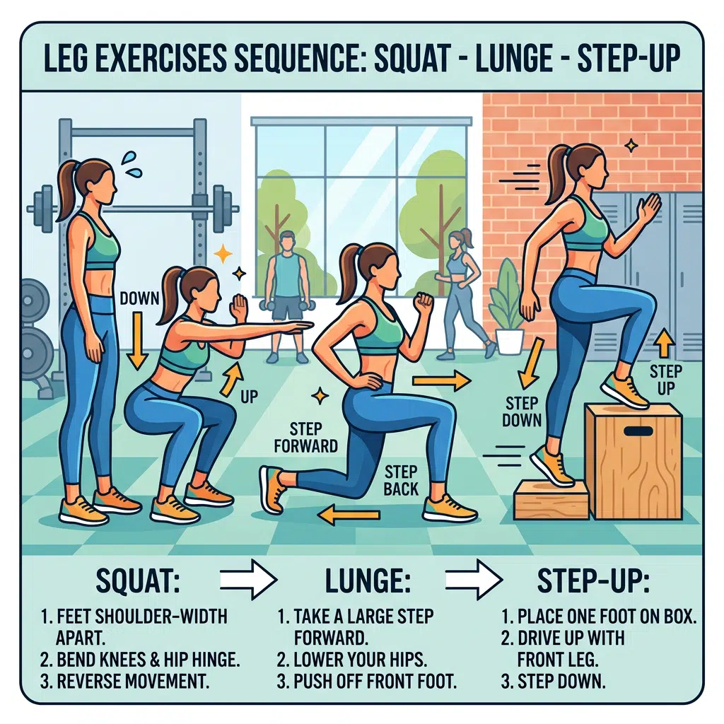 Sequence of leg exercises showing squat, lunge, and step-up with instructions